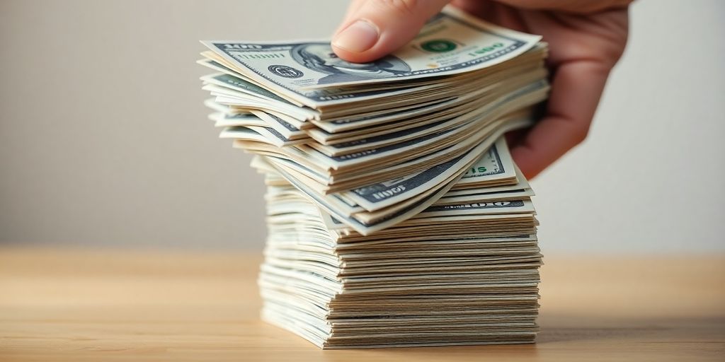 Person stacking dollar bills.