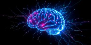 Glowing brain connected to digital circuits.